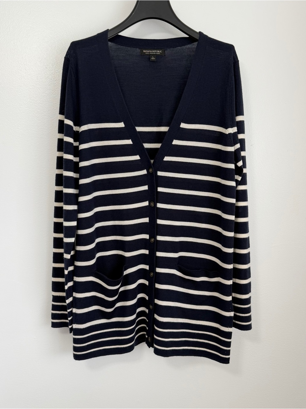 Banana Republic Merino Wool Cardigan Navy Blue Striped Sweater Pockets Size L
